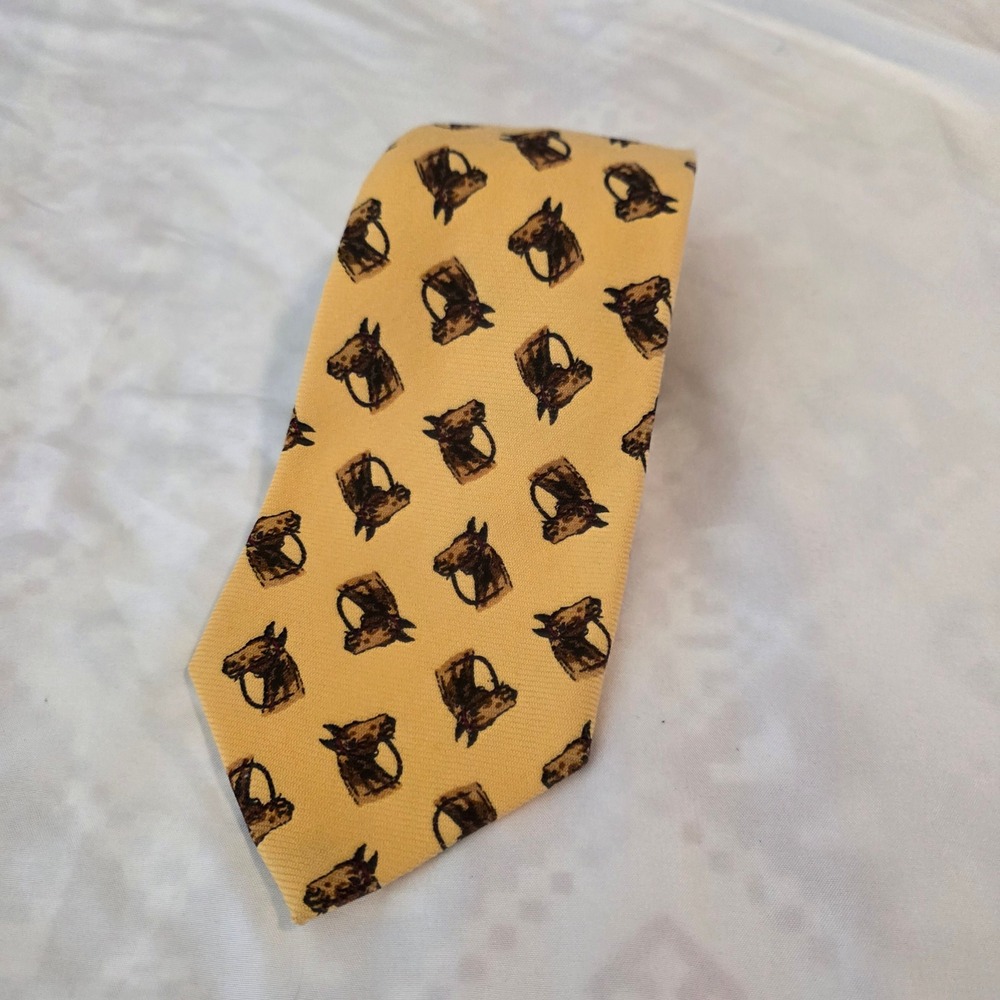 Vintage Wool Polo Ralph Lauren Mens Equestrian Horse Tie Yellow Wool Old Money